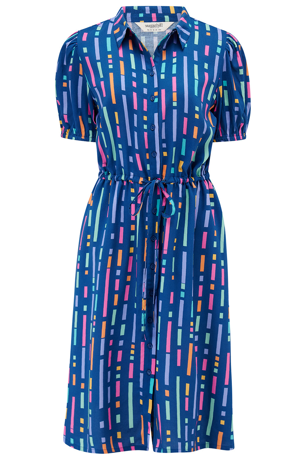 A short-sleeved mini shirt dress with a Broken Lines print in blue, pink, purple, and orange on a dark teal blue base. The dress features a button-up front, a soft shirt collar, and a drawstring waist.