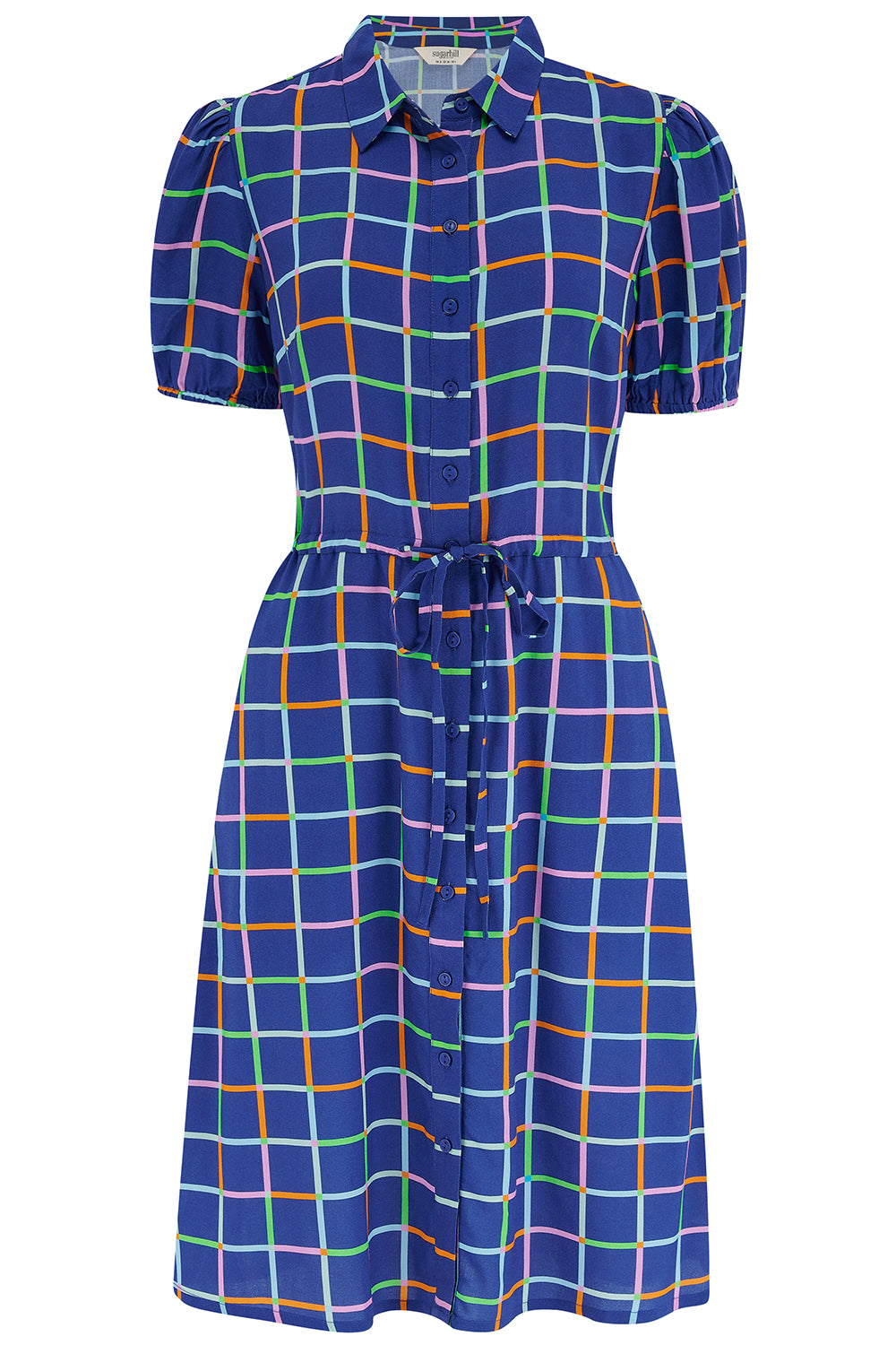 Blue checkered dress with colorful lines on a white background