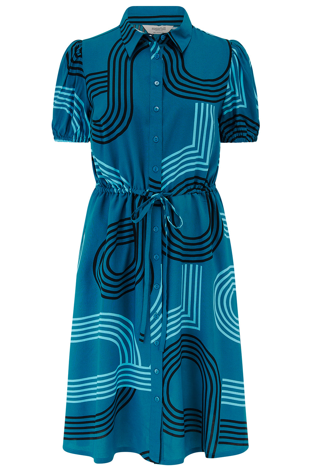 Blue dress with black geometric patterns on a white background