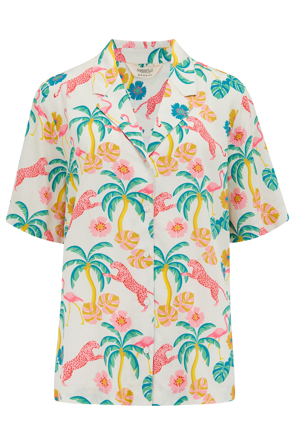 An off-white Santana shirt with a colorful jungle print, featuring short sleeves and a revere collar.