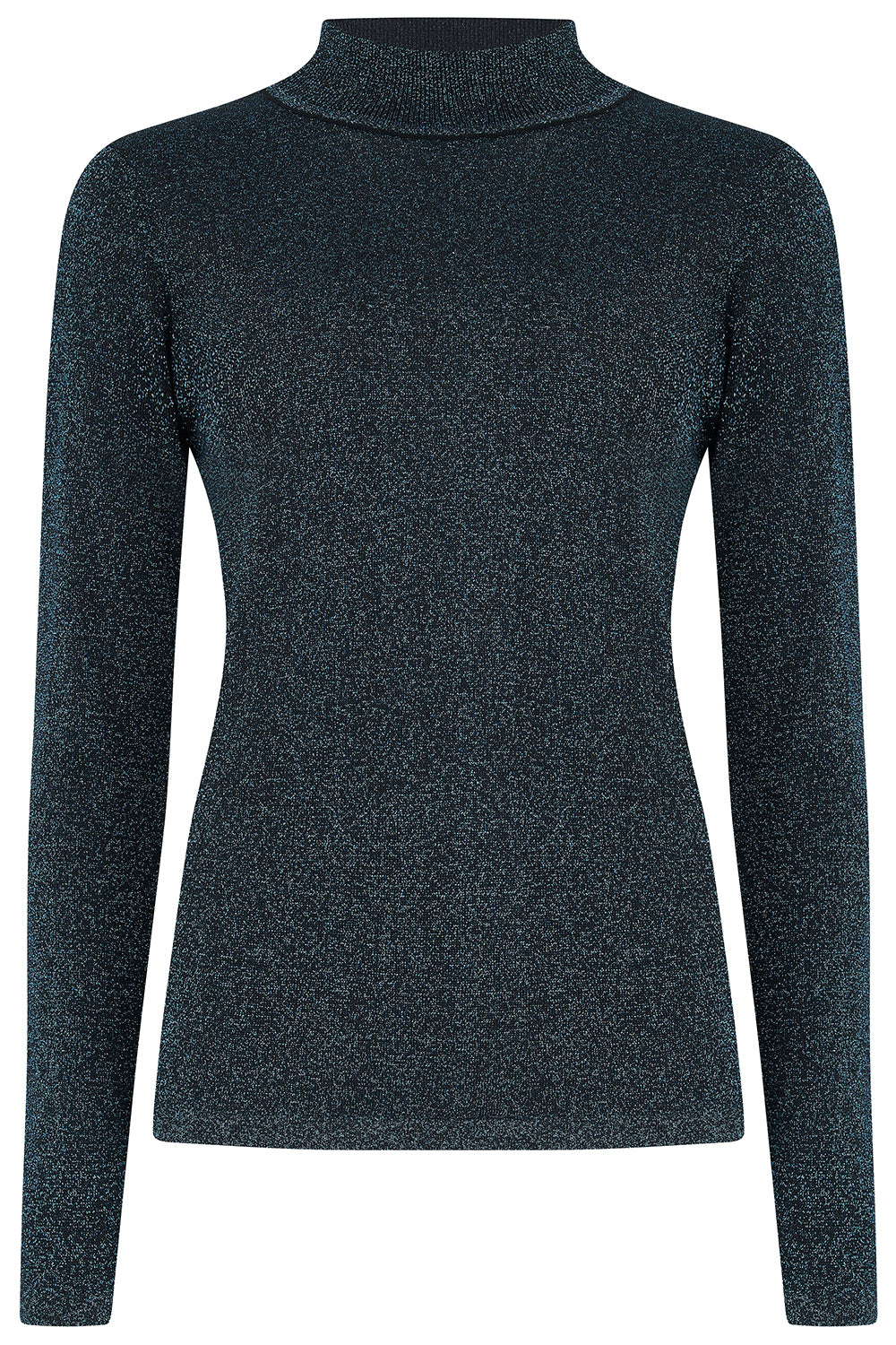 A dark navy blue long-sleeve knit turtleneck sweater with a subtle heathered texture, shown on a plain white background.