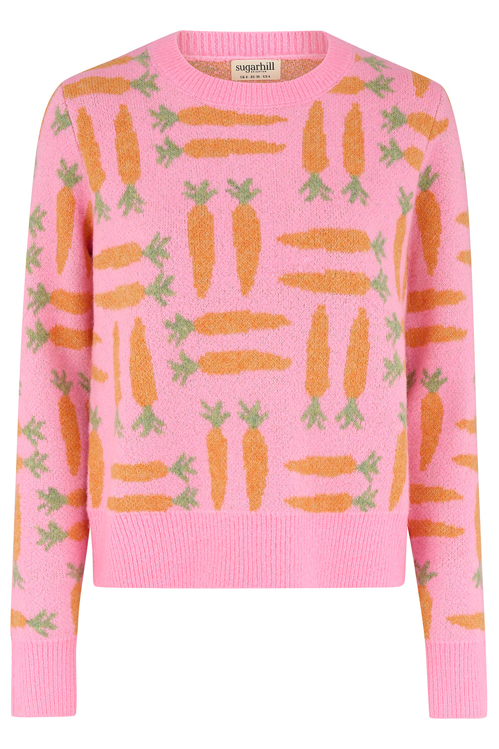 A pink knit sweater with an all-over carrot pattern, featuring orange carrots with green leafy tops and a visible 'sugarhill' brand label at the collar.