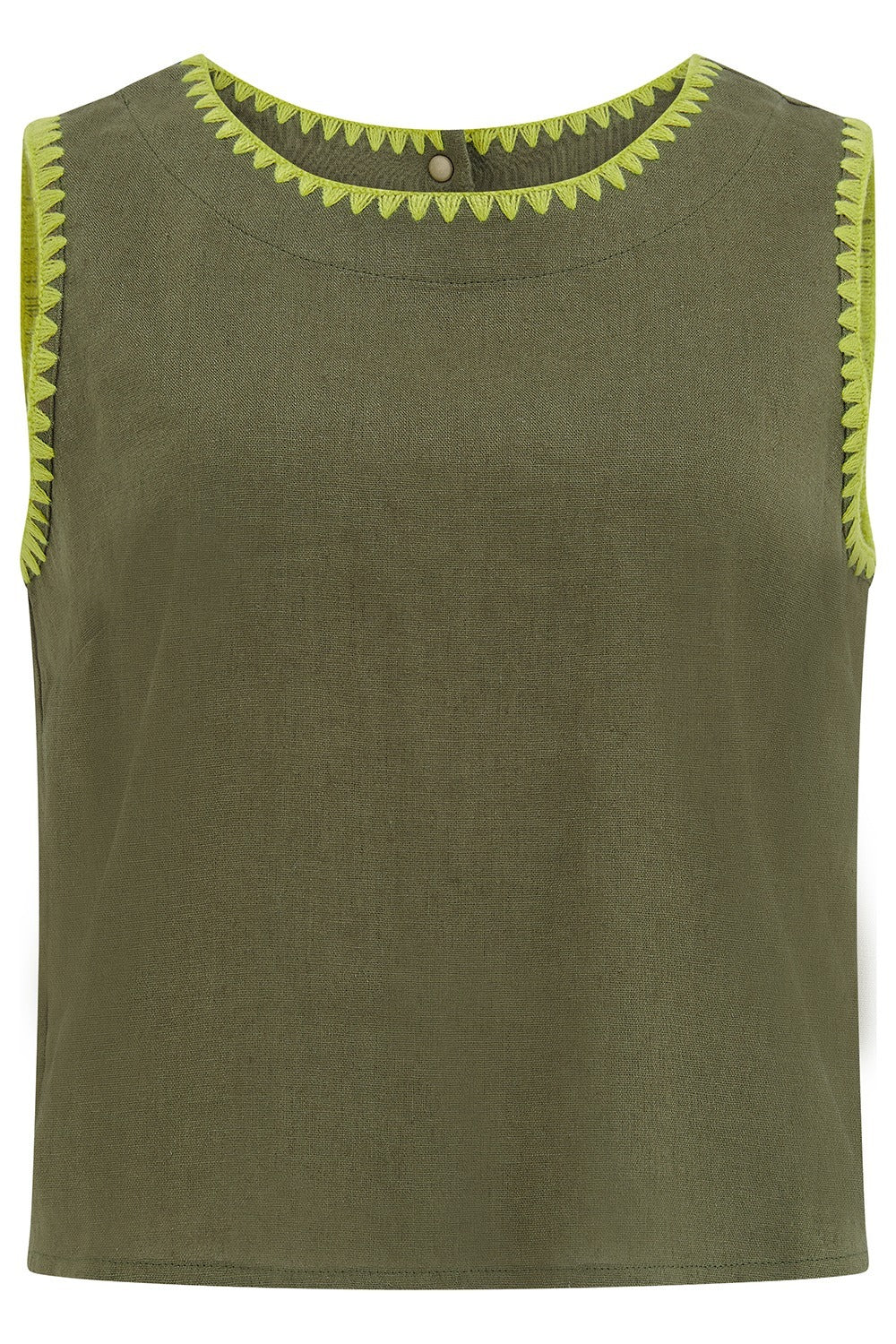Green sleeveless top with green trim on a white background