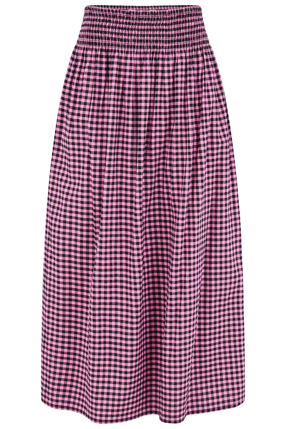 A high-waisted, pleated A-line skirt in a pink and purple gingham check pattern, shown against a plain white background.