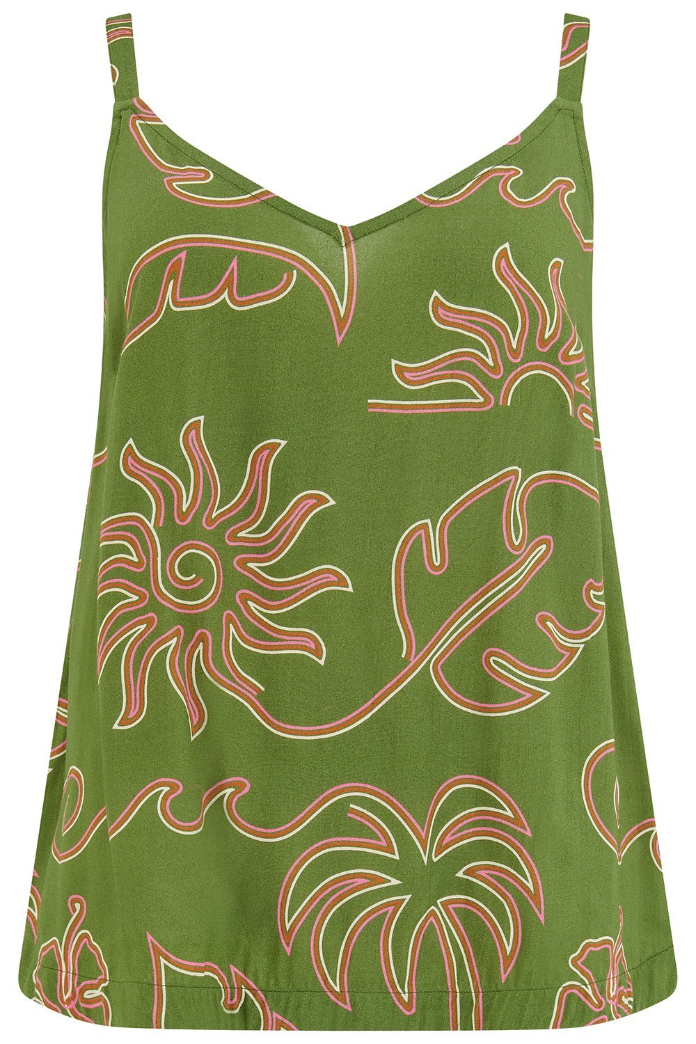 Green tank top with red floral pattern on a white background