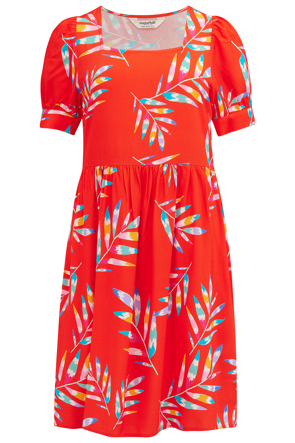 A red mini dress with a rainbow frond pattern, featuring a round neckline and short sleeves.