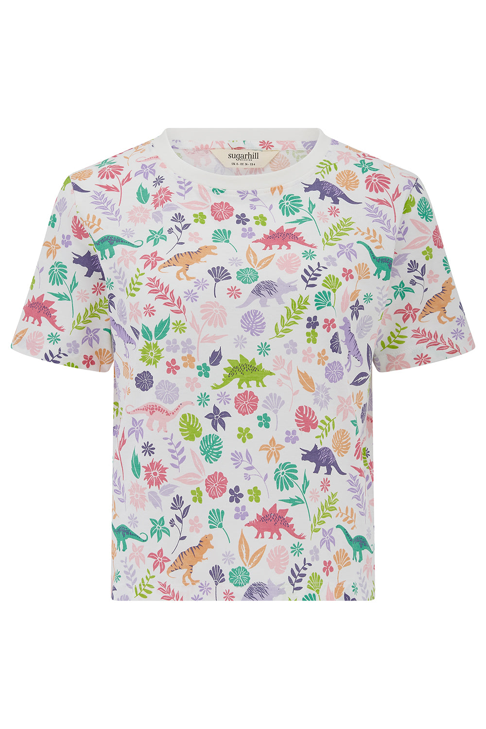 T-shirt with colorful dinosaur and plant pattern on a white background