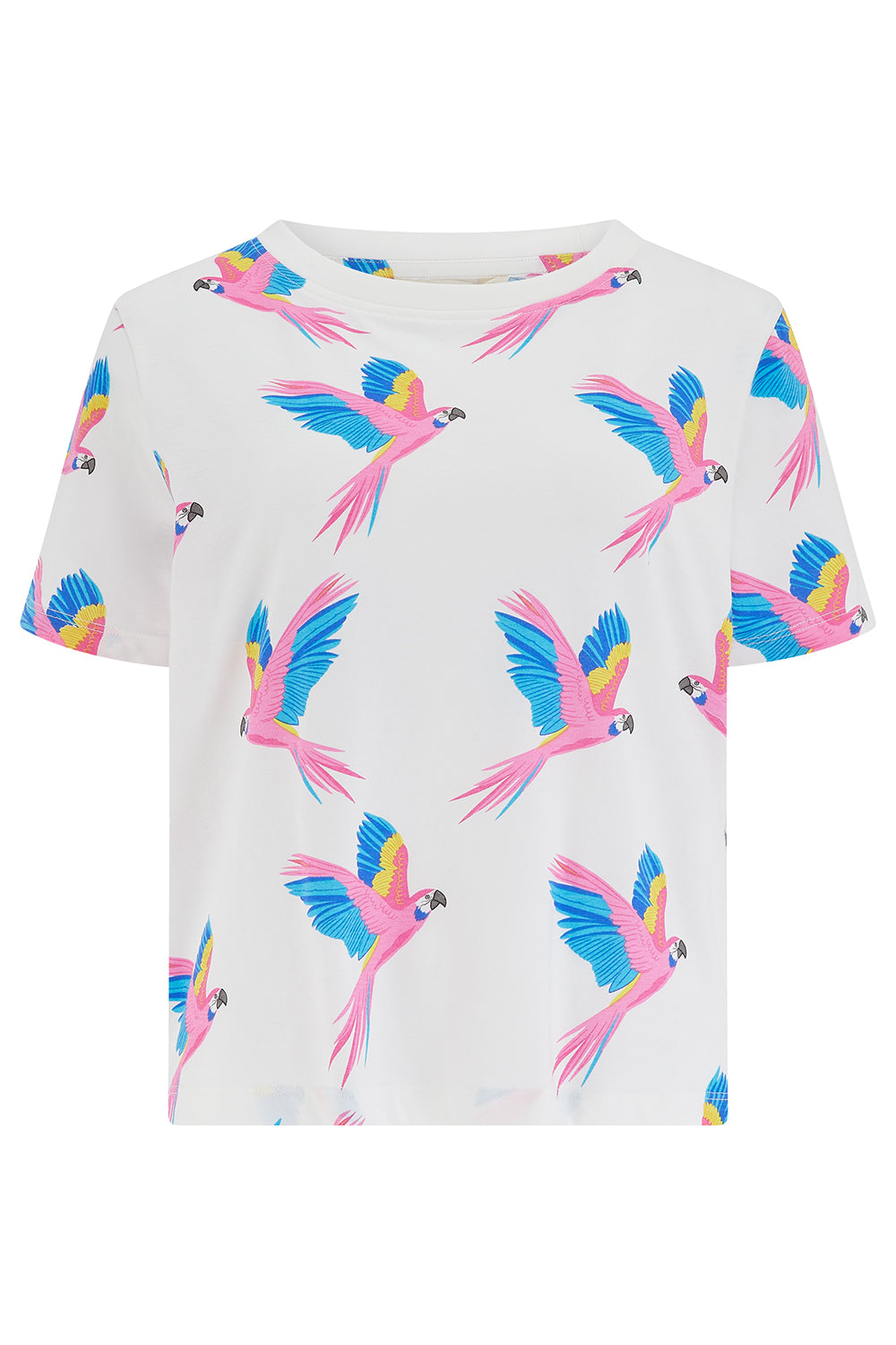 A white t-shirt with colorful parrot design