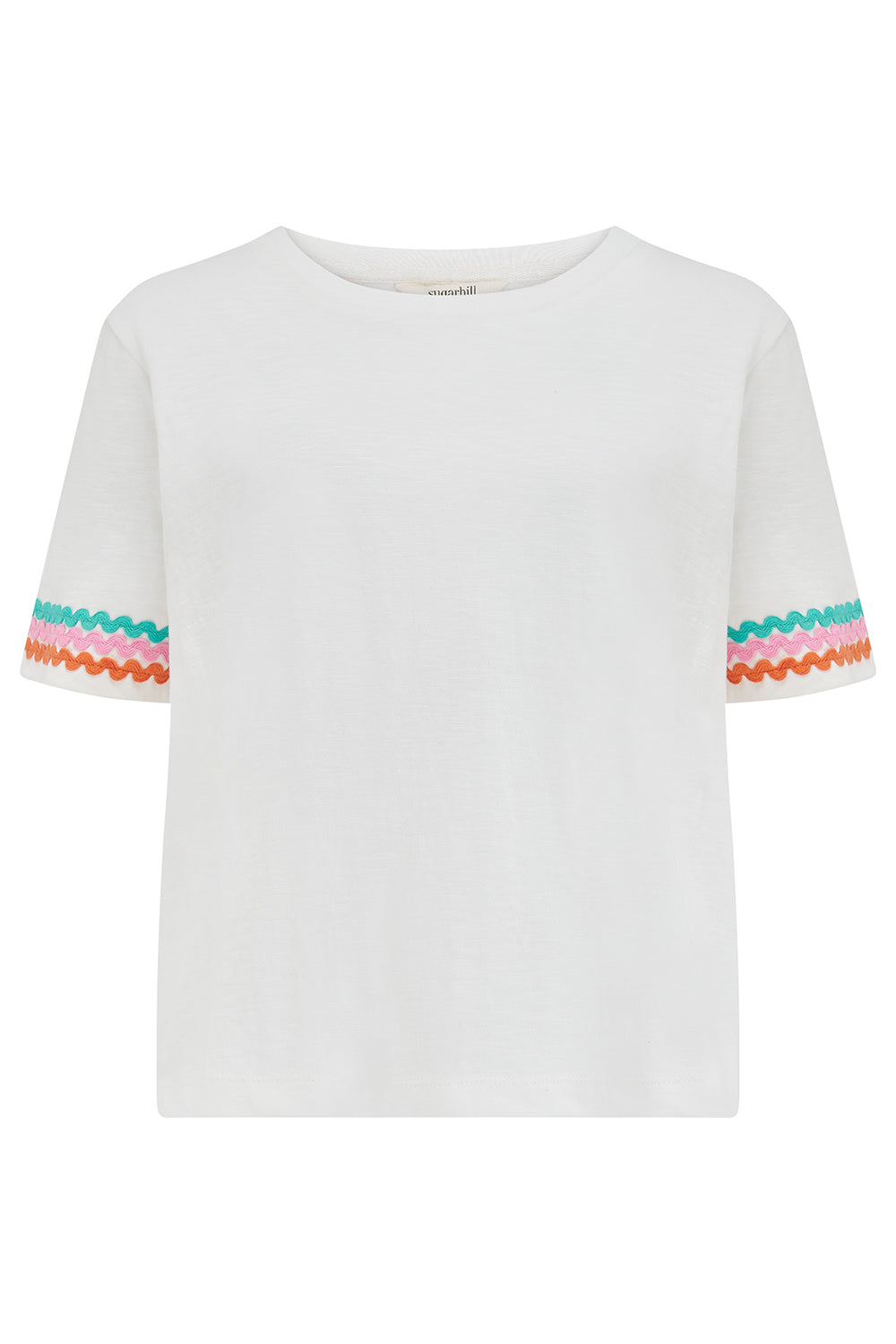 White t-shirt with colorful striped sleeves on a white background