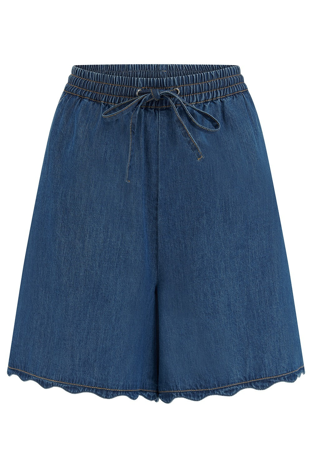 Blue denim shorts with a scalloped hem on a white background