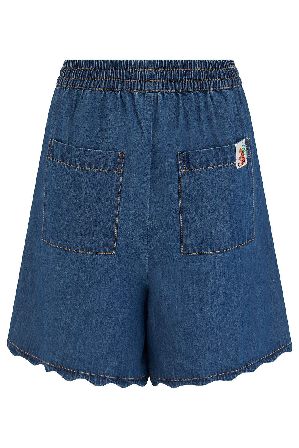 Blue denim shorts with a small logo on the back pocket against a white background