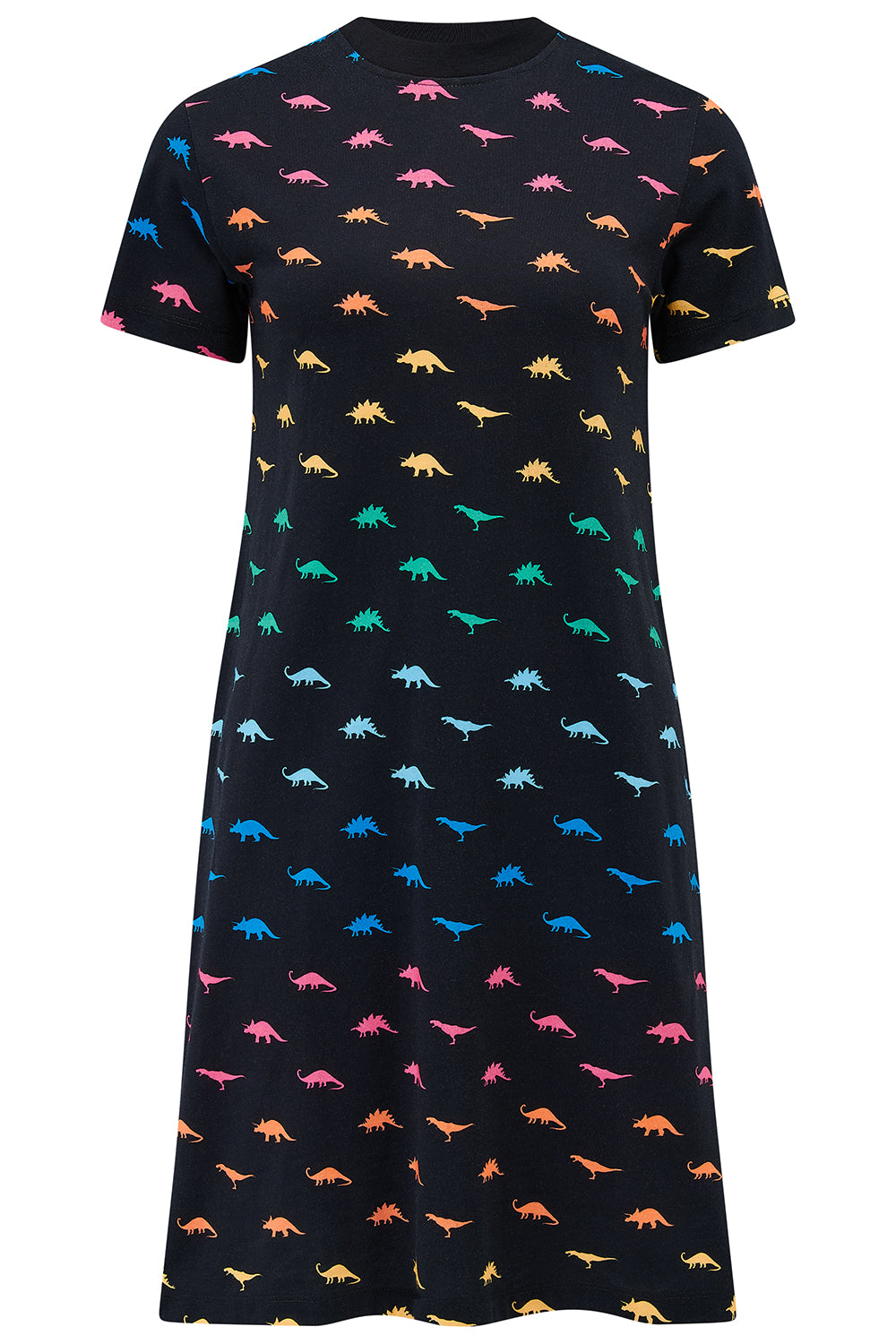 A black dress with colourful dinosaur pattern on a white background