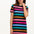 A model wearing a black and multicolored striped t-shirt dress with short sleeves.