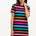 A model wearing a black and multicolored striped t-shirt dress with short sleeves.