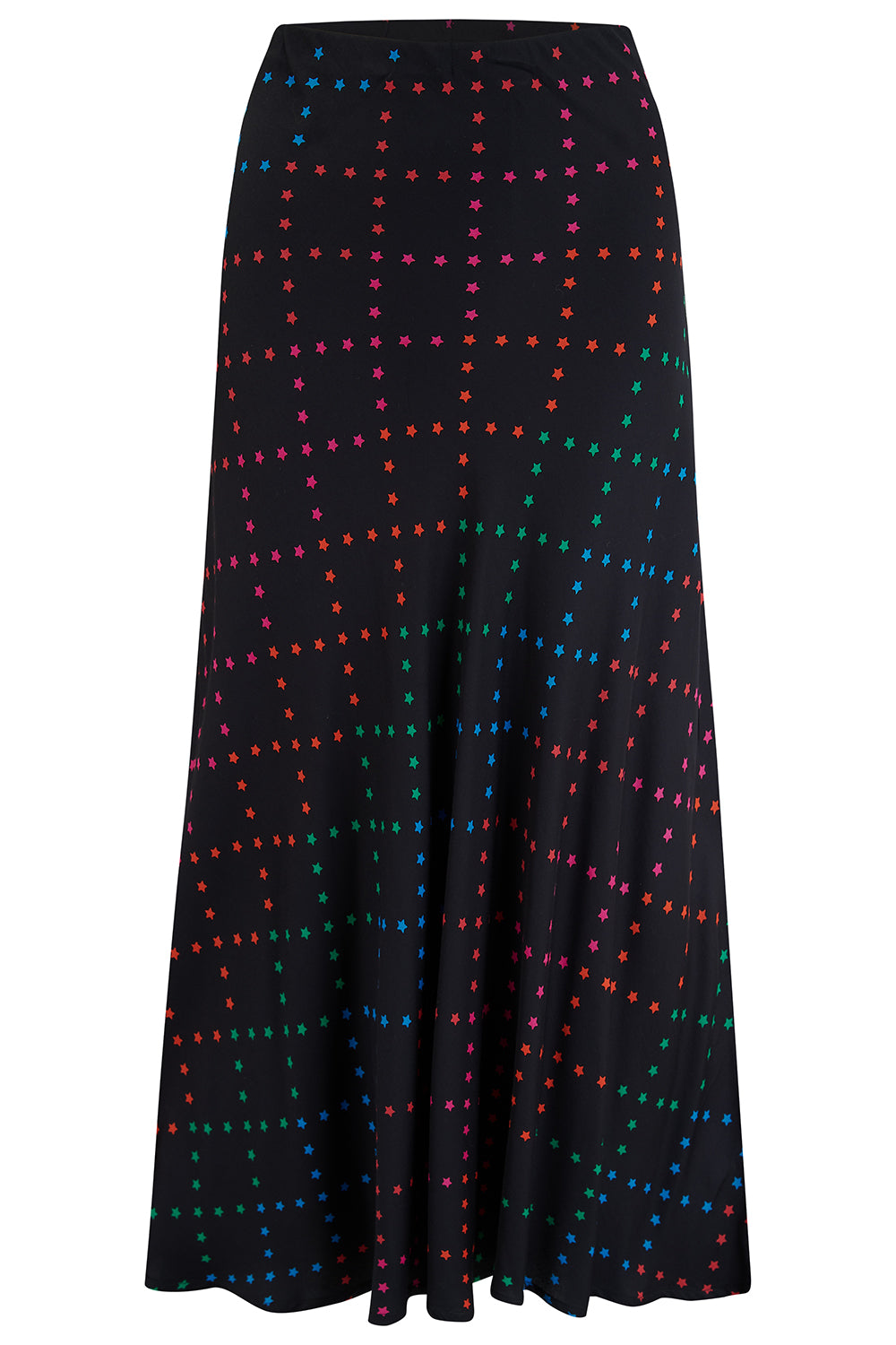 A midi skirt with a rainbow star lattice print in black. The skirt has a midi length and an elasticated waist.