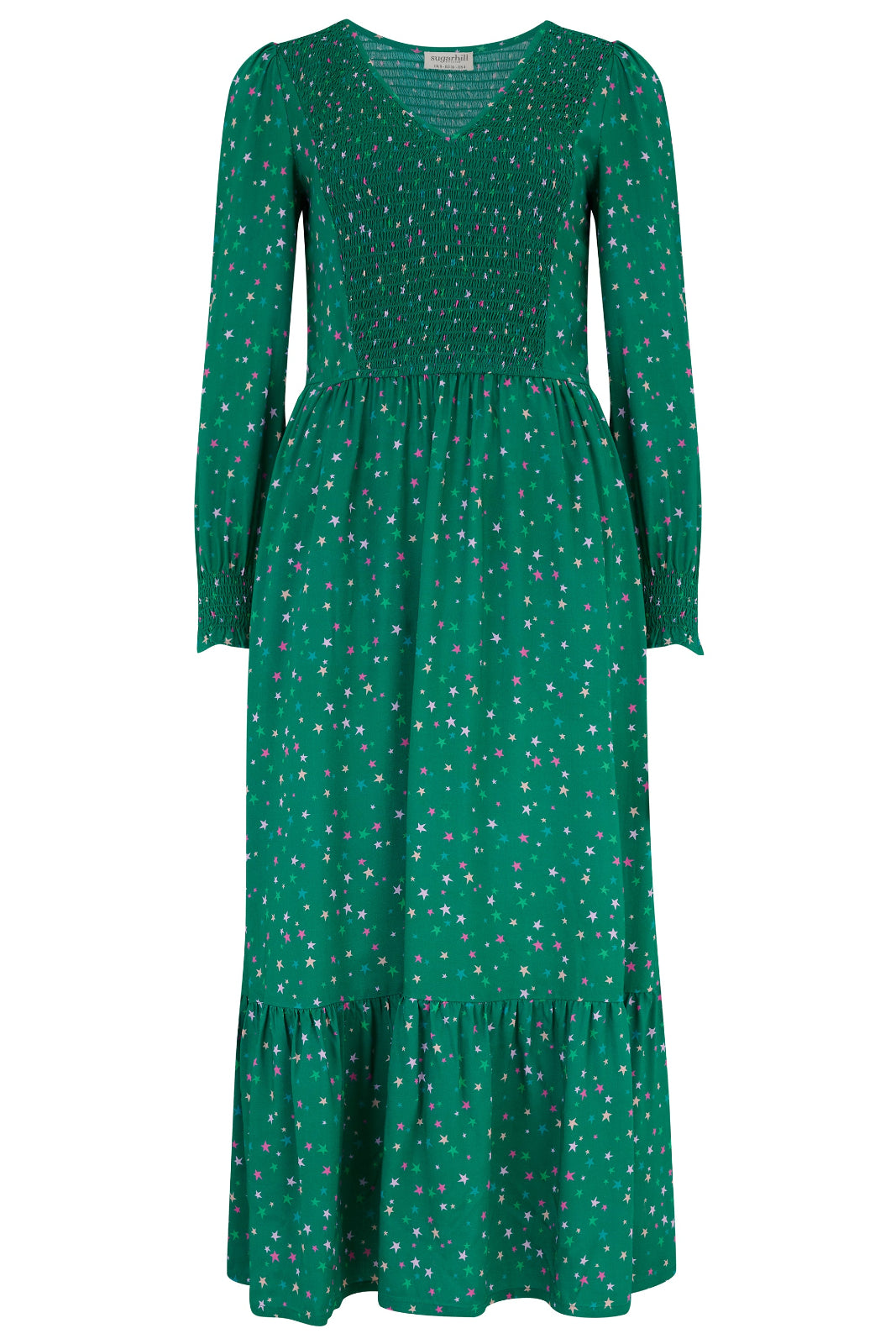 Green dress with floral pattern on a white background