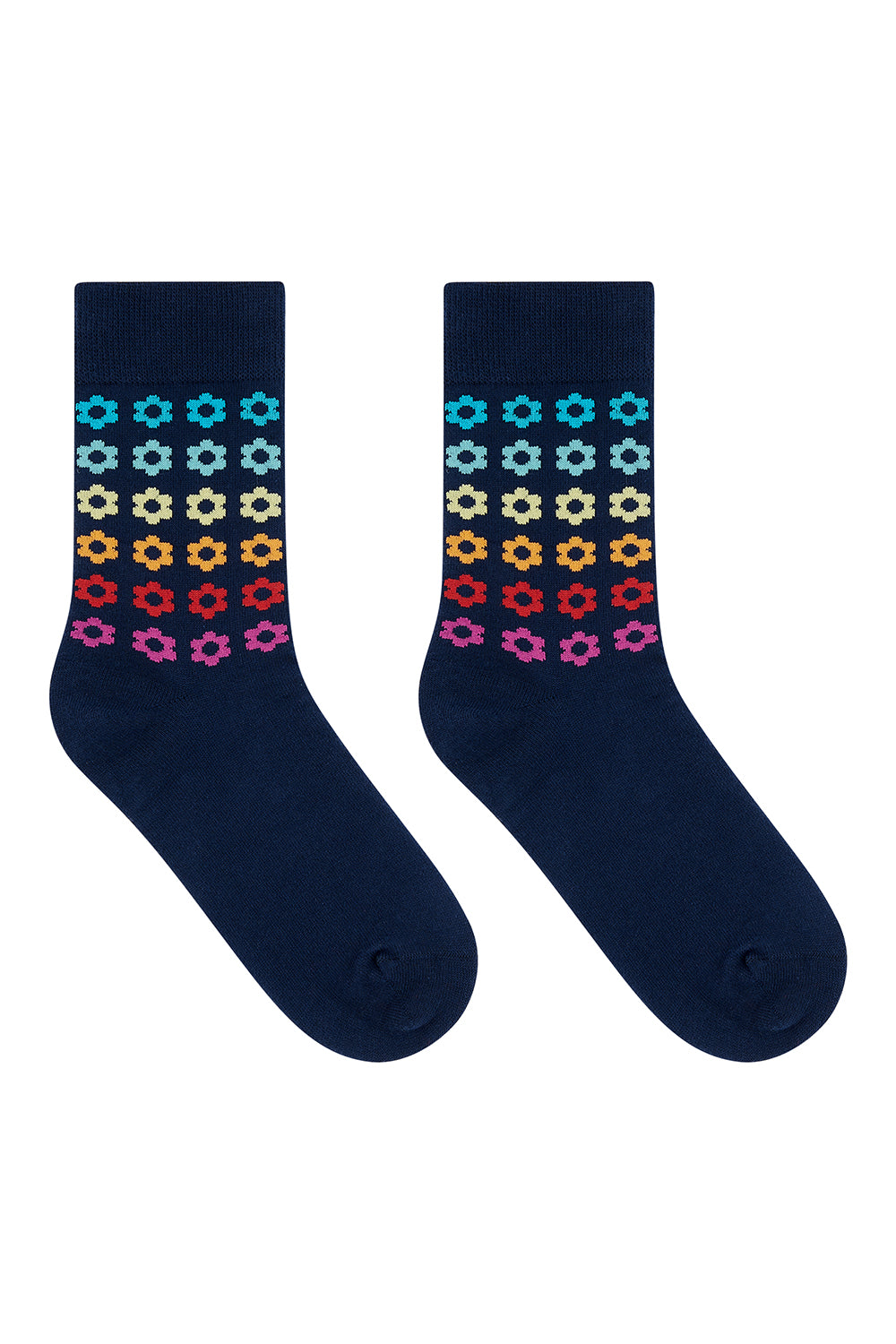 Pair of navy socks with colorful star pattern on a white background