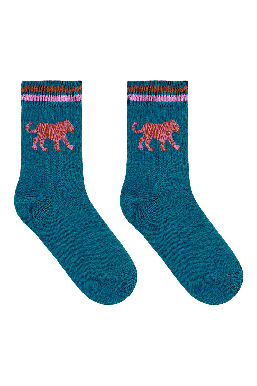 Teal socks with pink tiger design on a white background