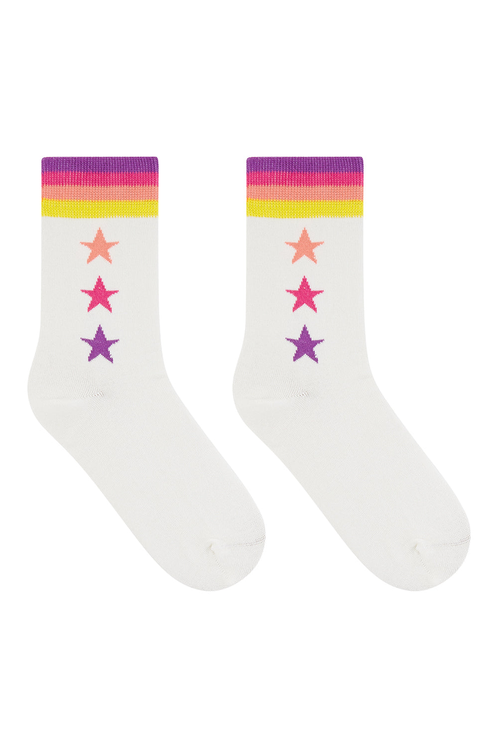 White socks with colorful stripes and stars on a white background