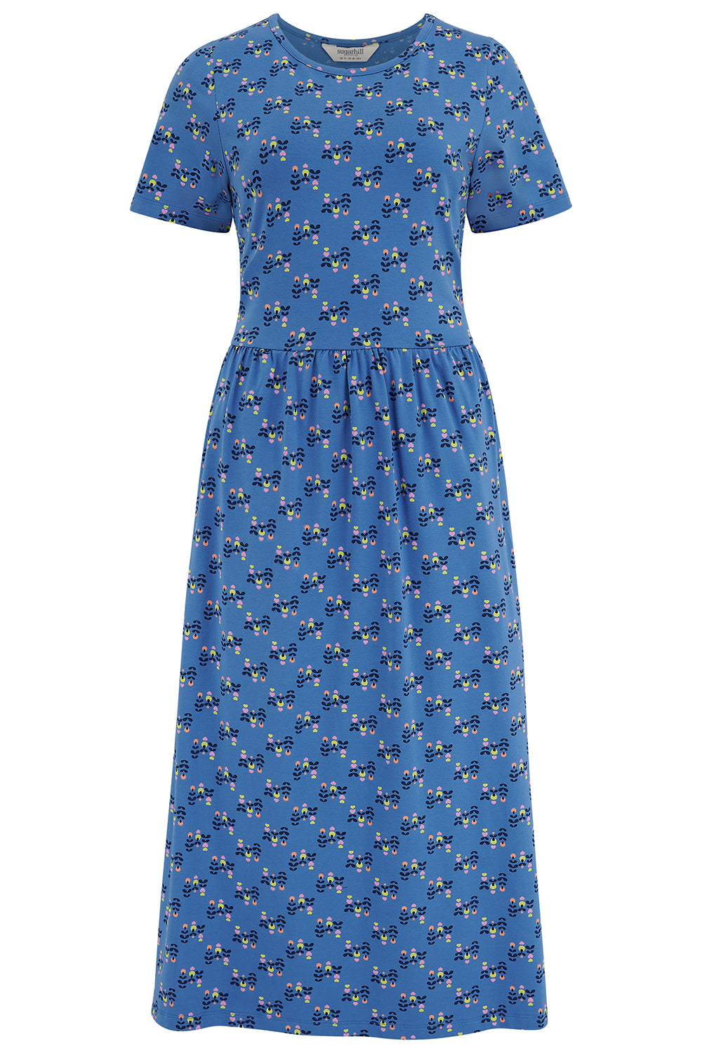 Blue dress with a pattern on a white background