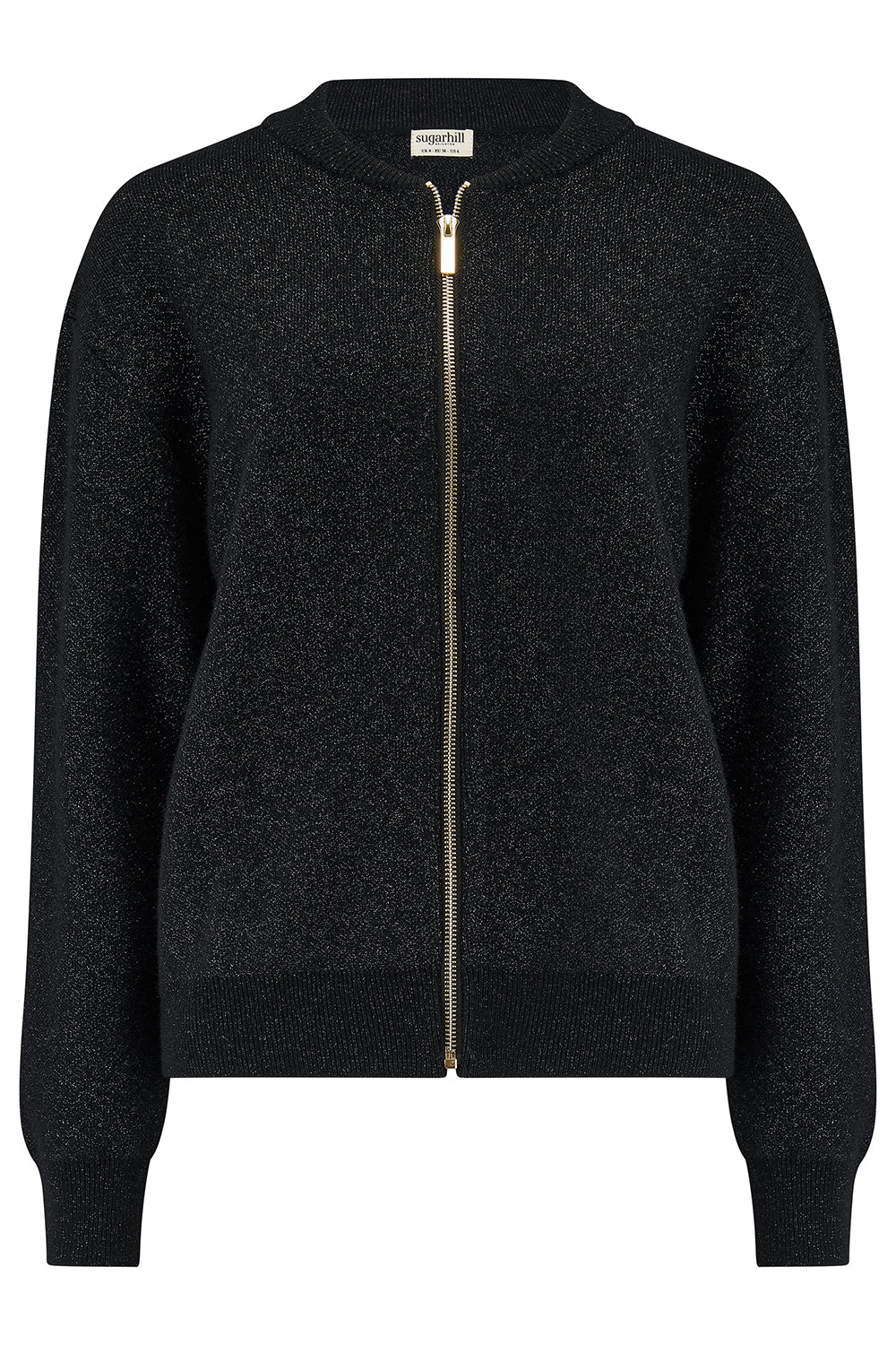 Black zip-up cardigan on a white background