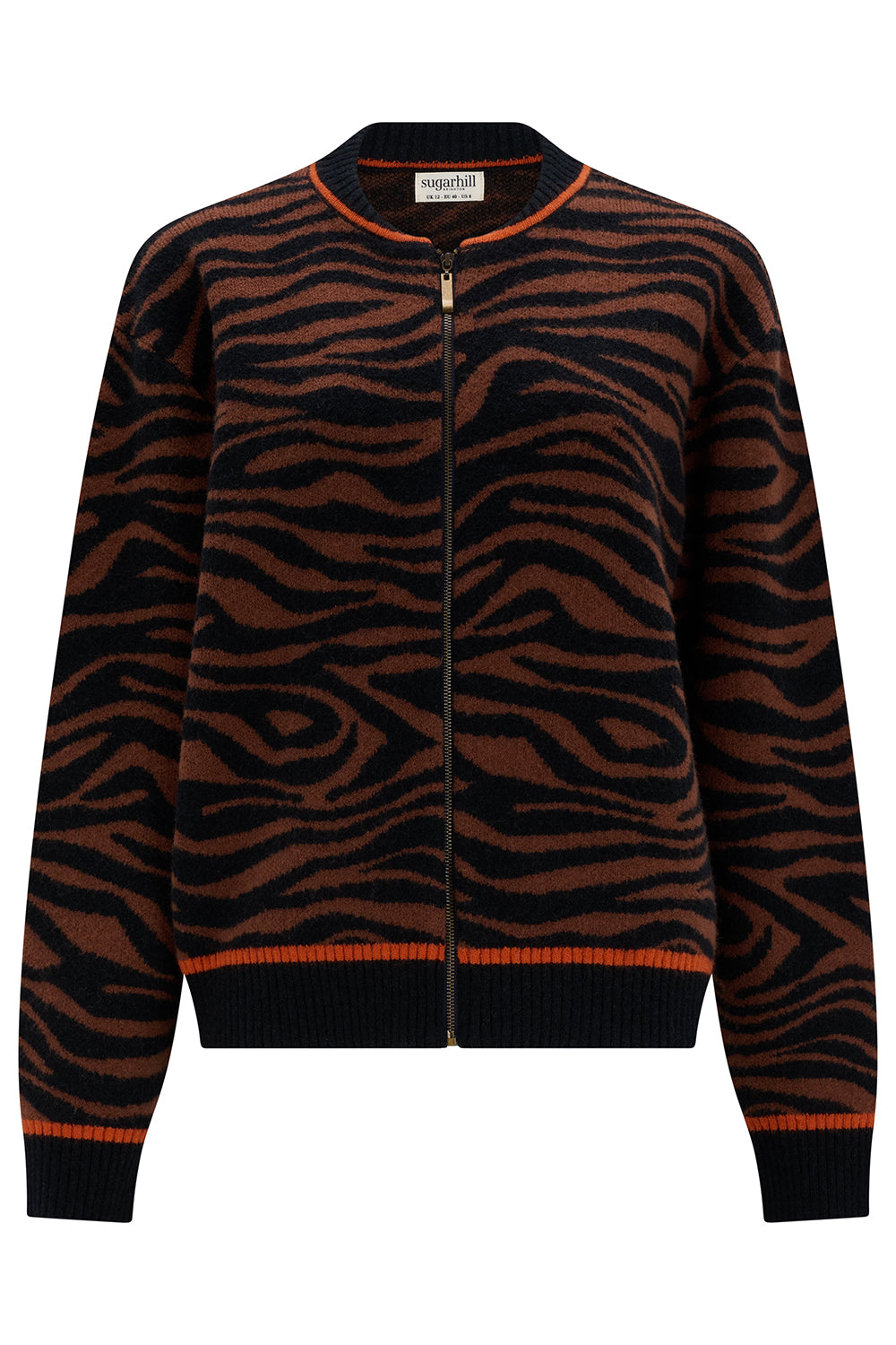 Zebra pattern jacket with orange accents on a white background