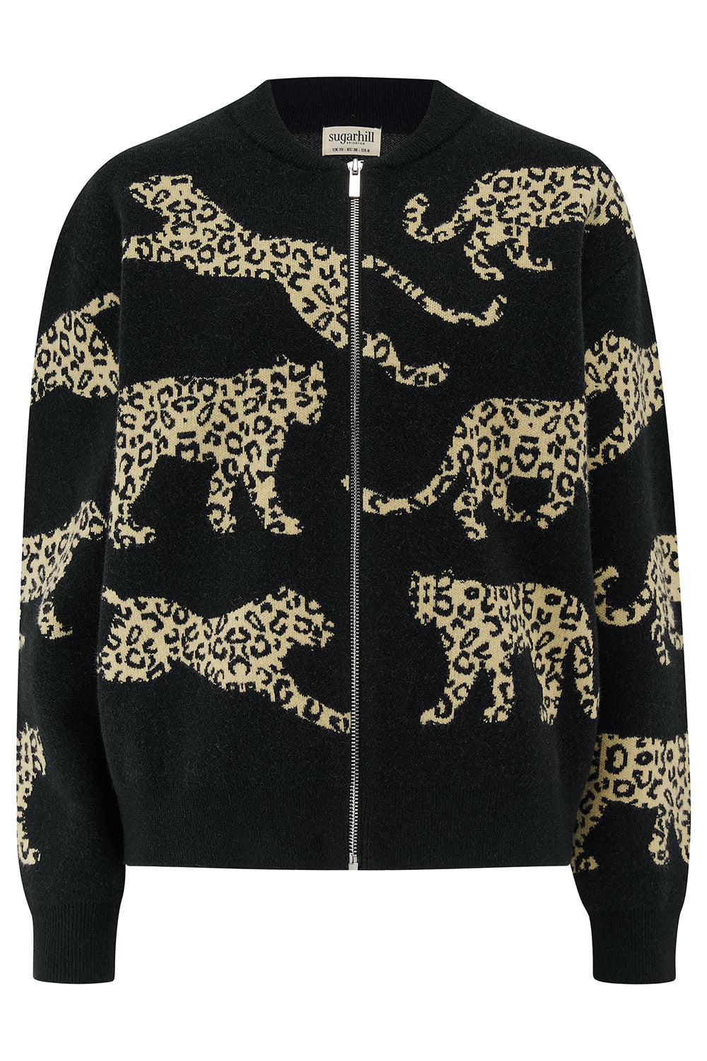 A black zip-up sweater featuring an all-over beige leopard print pattern, shown against a plain white background.