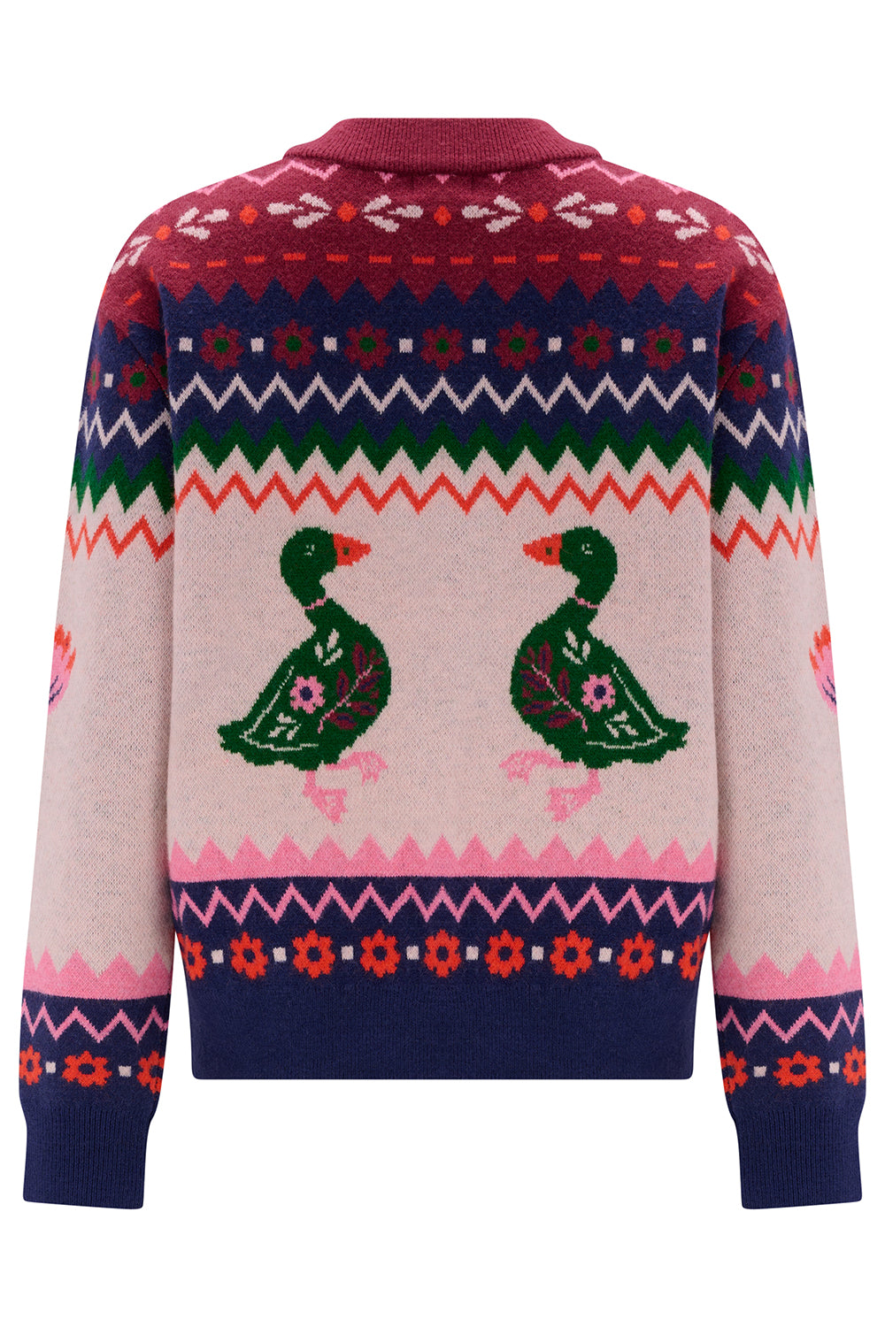 Colorful sweater with duck design on a white background