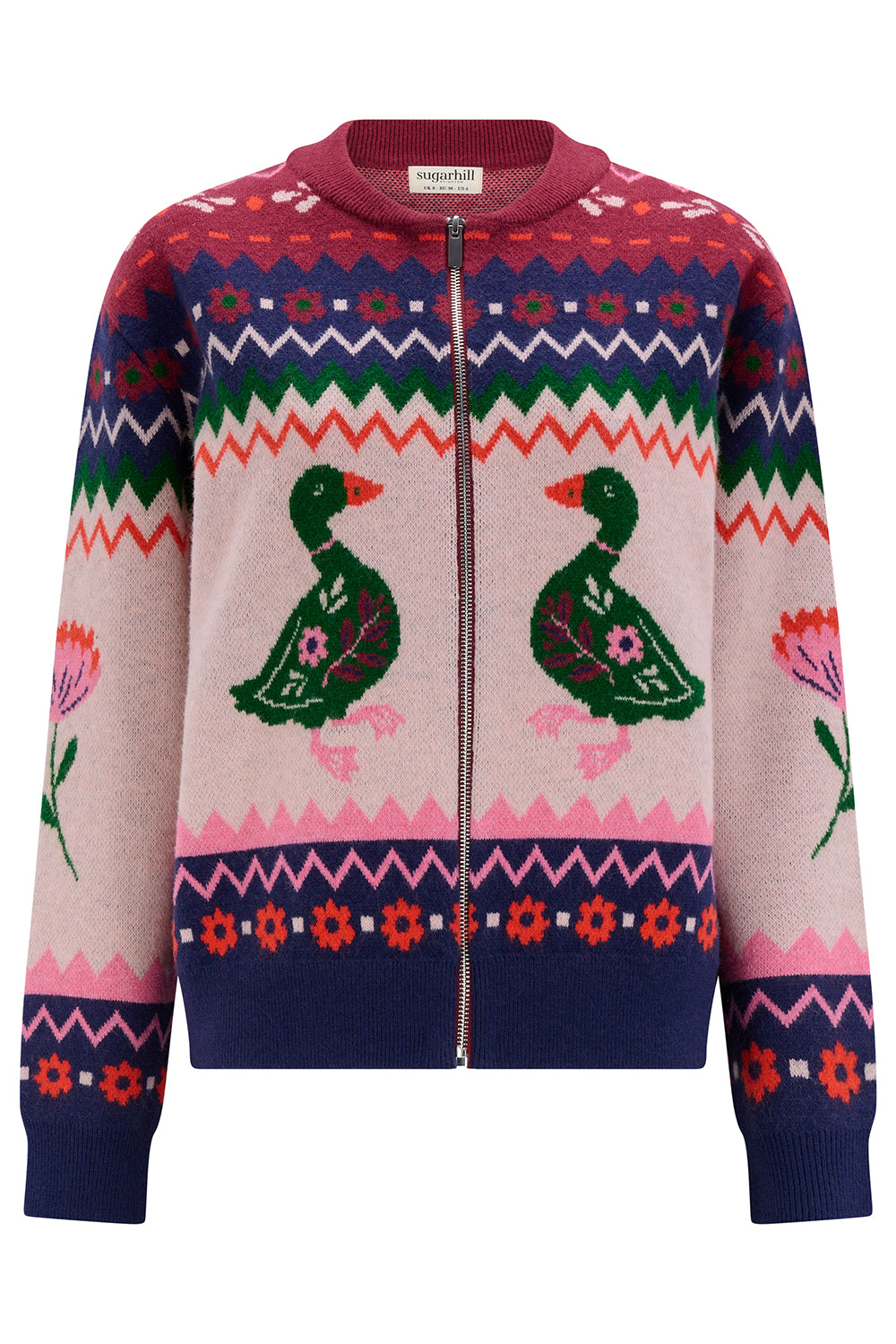 Colorful zip-up sweater with duck and floral pattern on a white background