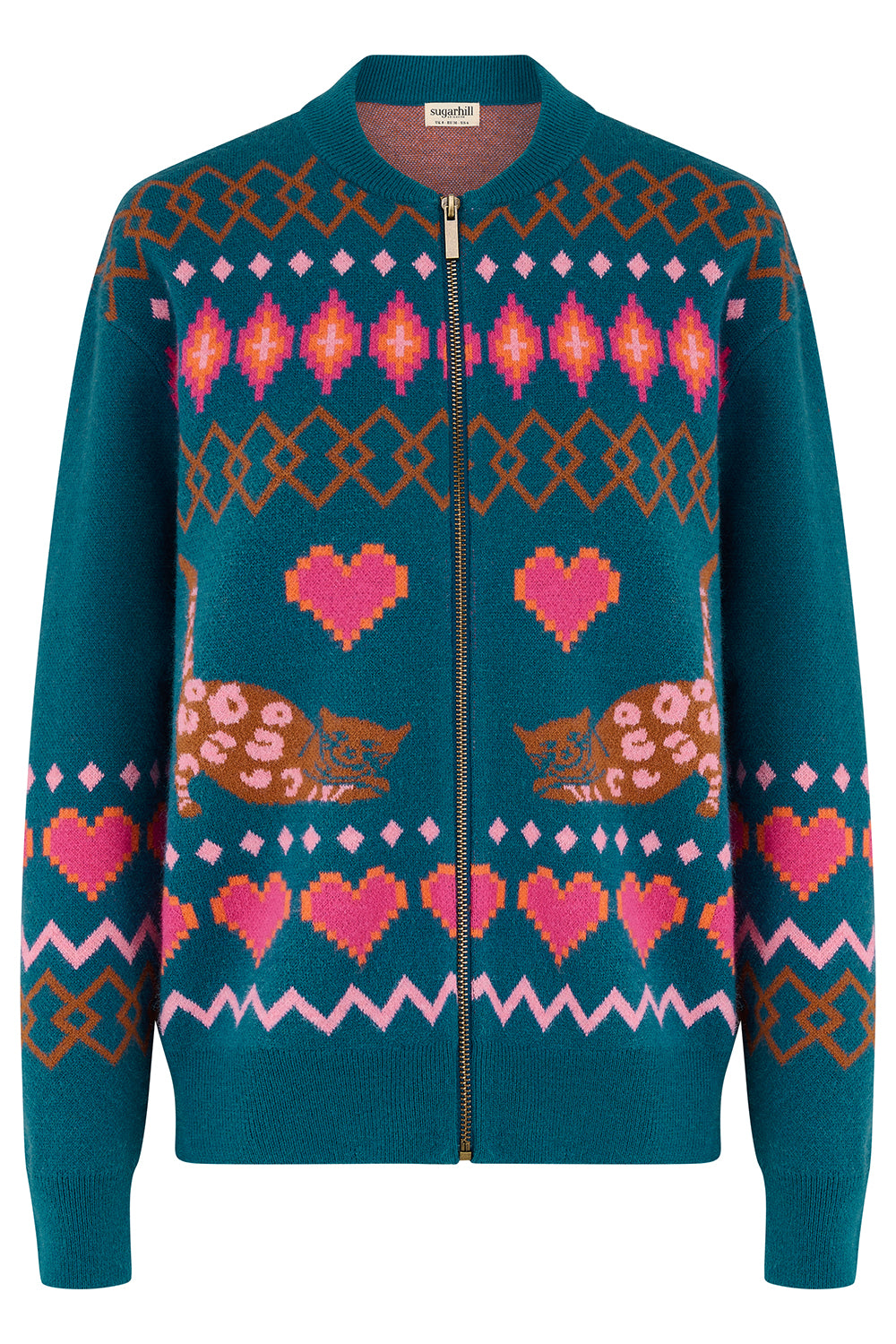 A teal knit zip-up sweater featuring a colorful Fair Isle pattern with pink hearts, orange geometric motifs, and cat illustrations on the front.