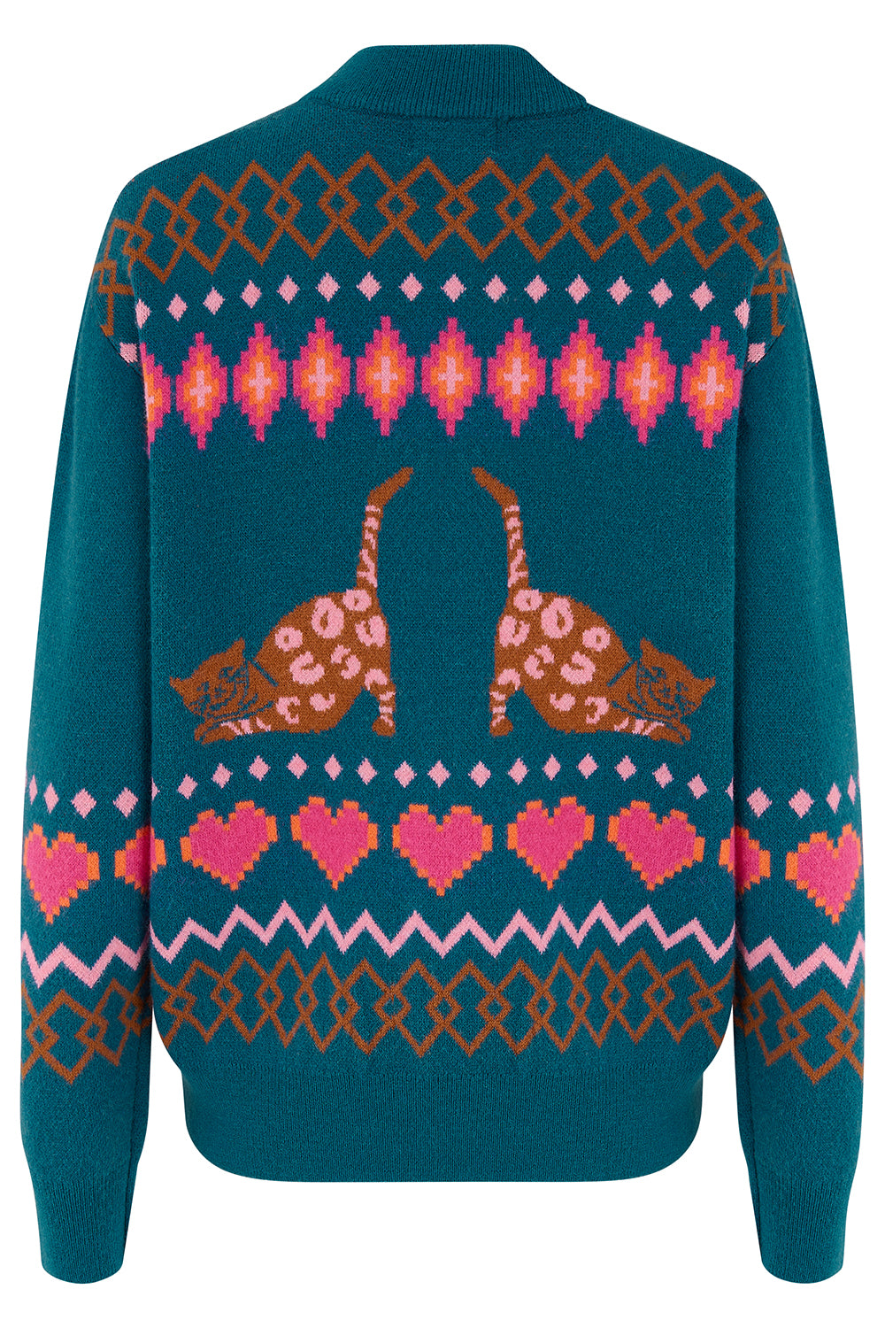 A teal knit sweater with a colorful Fair Isle pattern featuring pink hearts, orange and pink geometric bands, and two stylized orange-and-white cats in the center.