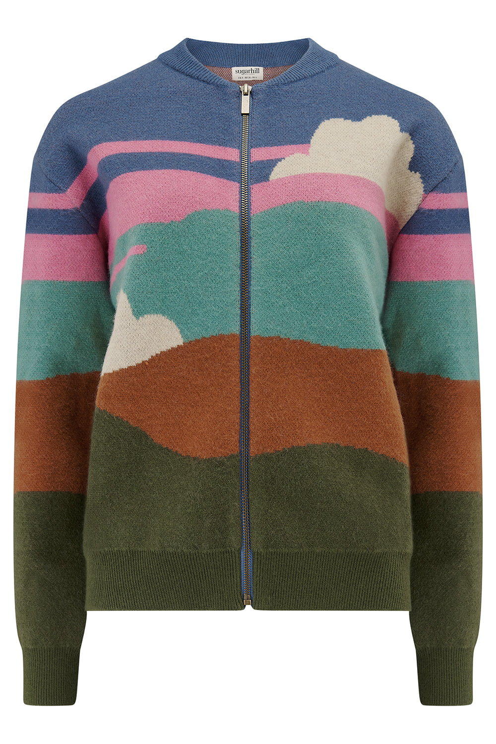 Colorful zip-up sweater with landscape design on a white background