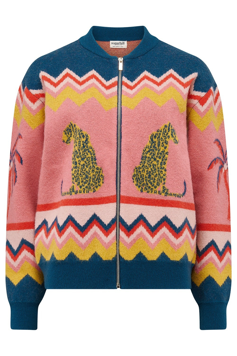 Colorful zip-up bomber jacket with geometric pattern and animal design on a white background