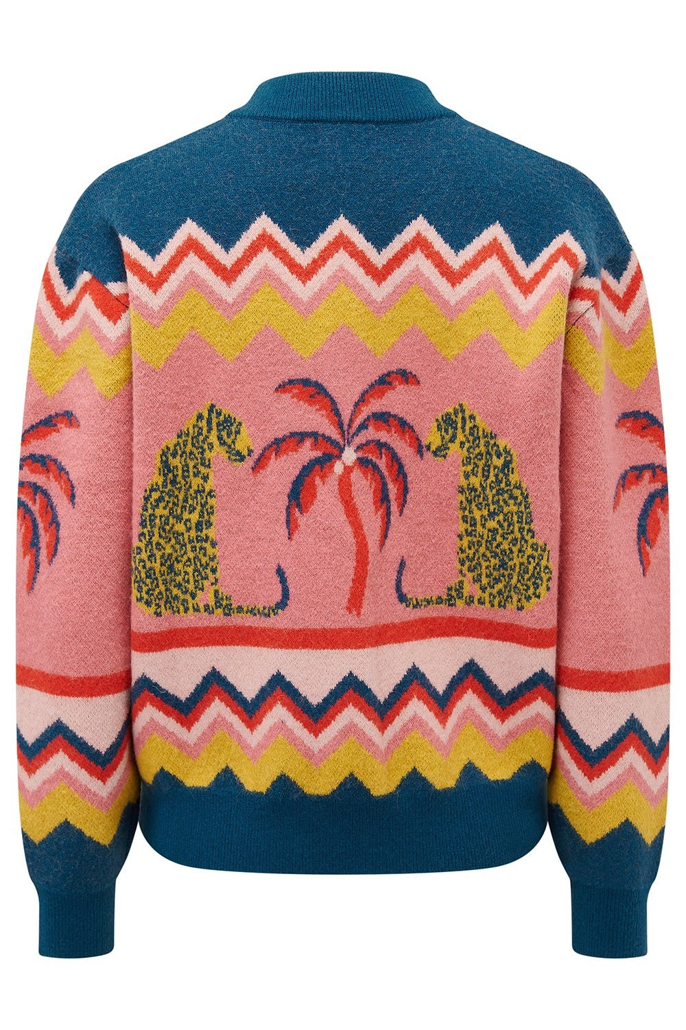 Colorful sweater with palm tree design on a white background