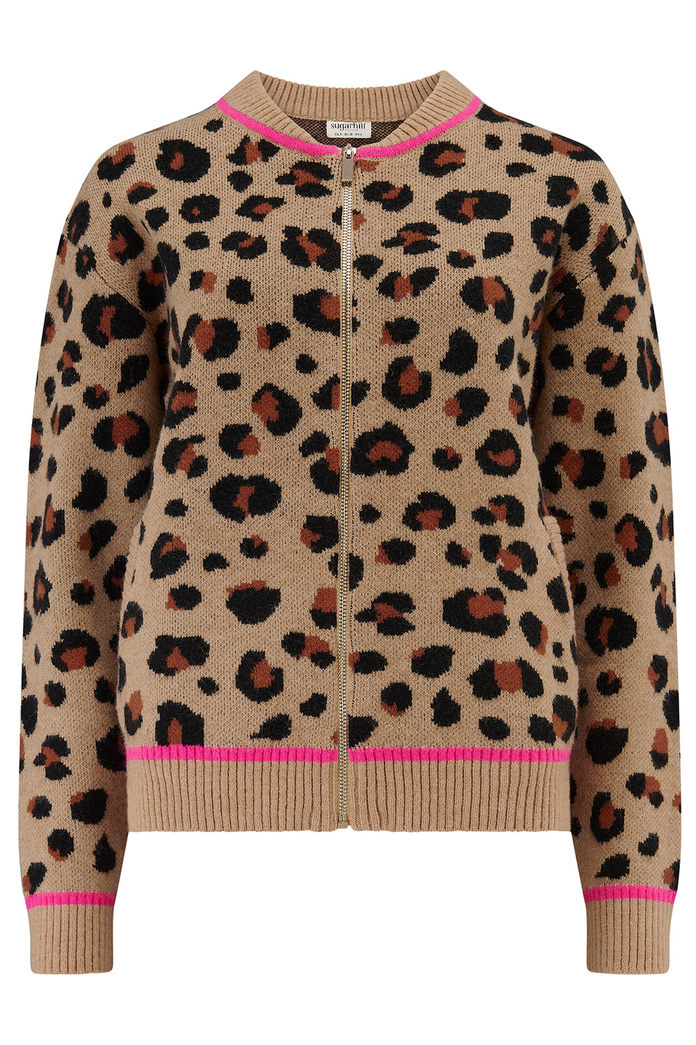 Leopard print cardigan with pink trim on a white background