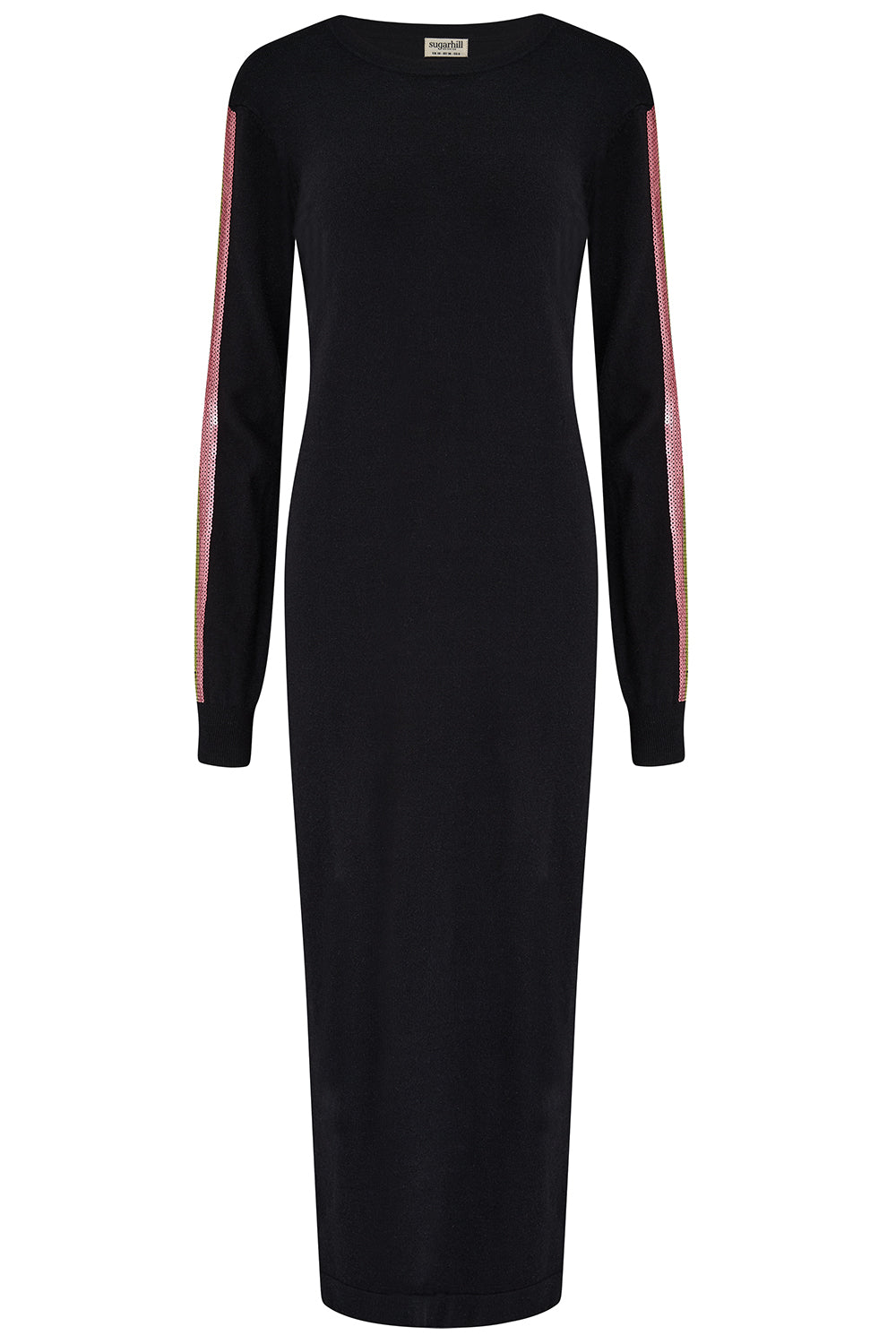 Black dress with pink stripes on sleeves against a white background