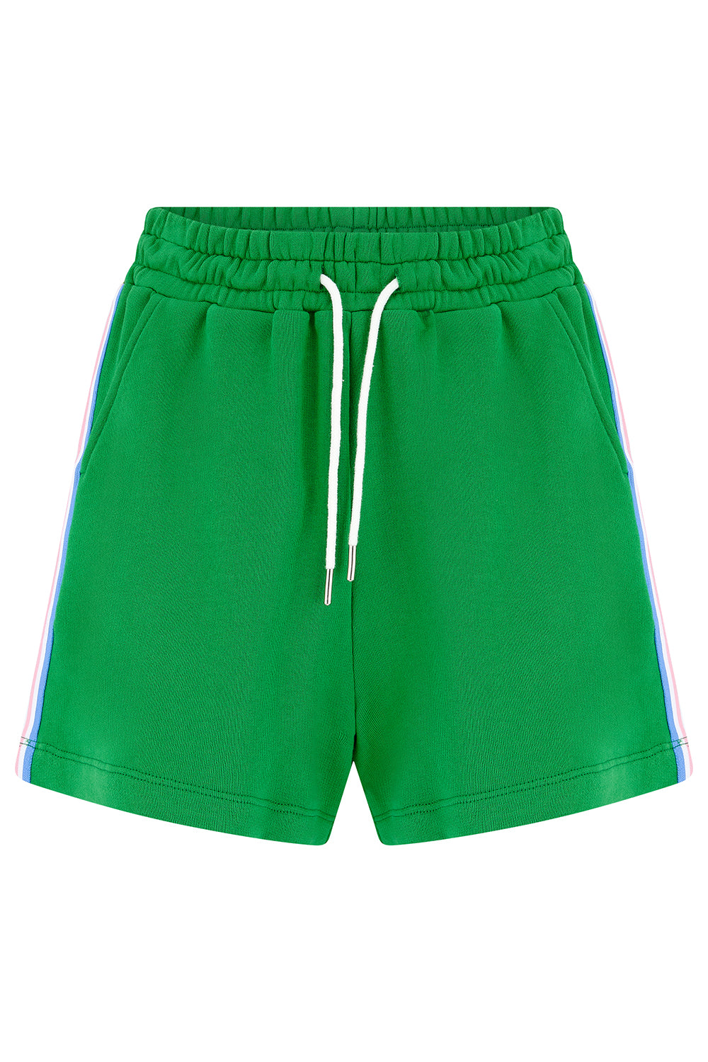 Green shorts with white drawstring and side stripes on a white background