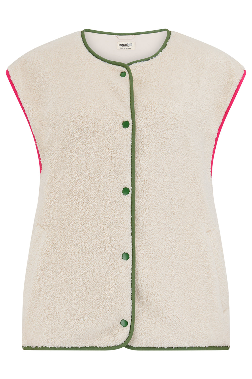 Beige sleeveless vest with green buttons and pink trim on a white background