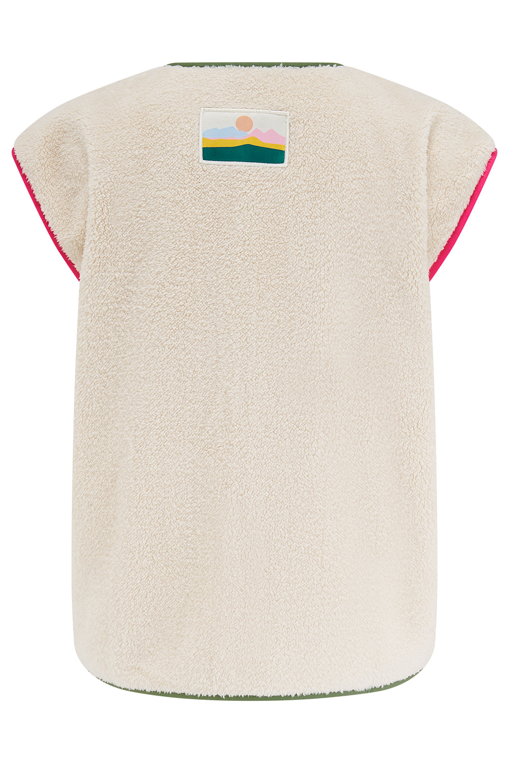 Beige fleece vest with a colorful patch on a white background