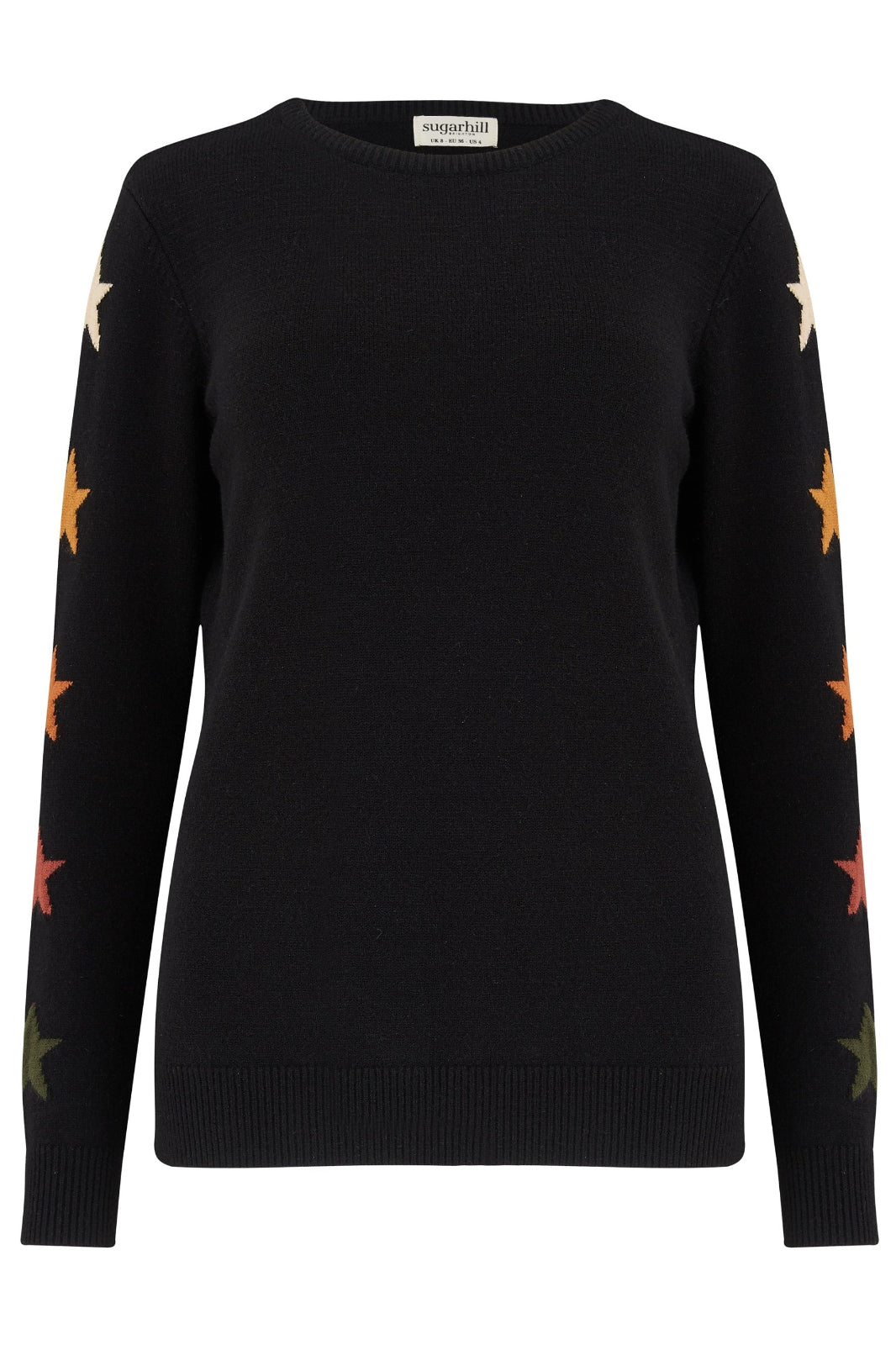 Black sweater with star patterns on sleeves against a white background