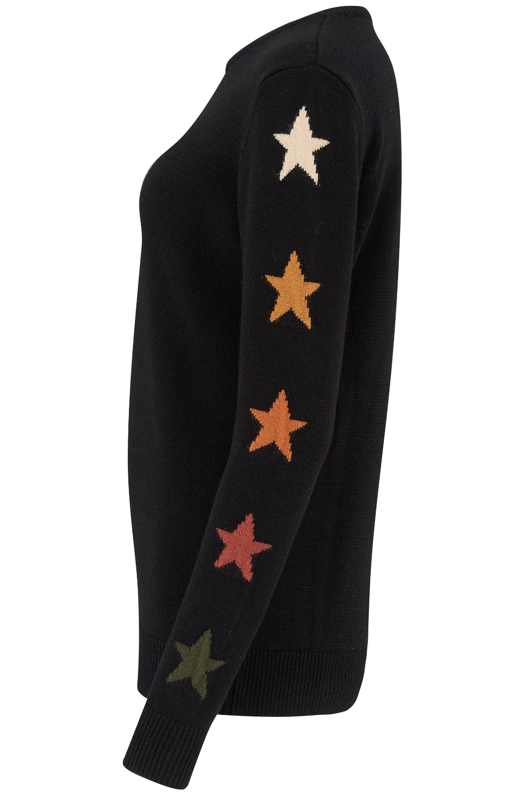 Black sweater with colorful star patterns on a white background