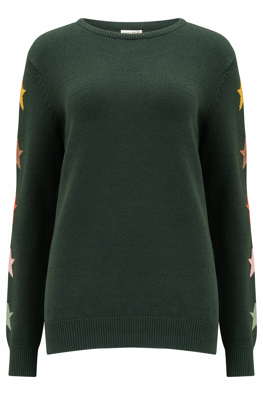 A green sweatshirt with colorful sleeves