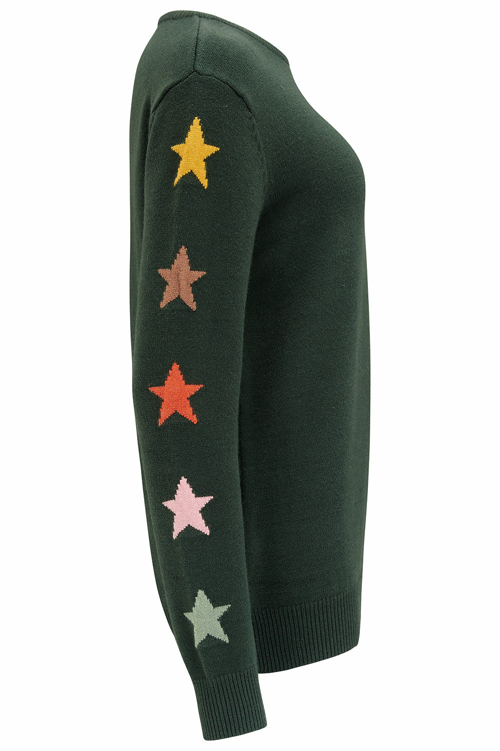 A green sweatshirt with colorful sleeves 