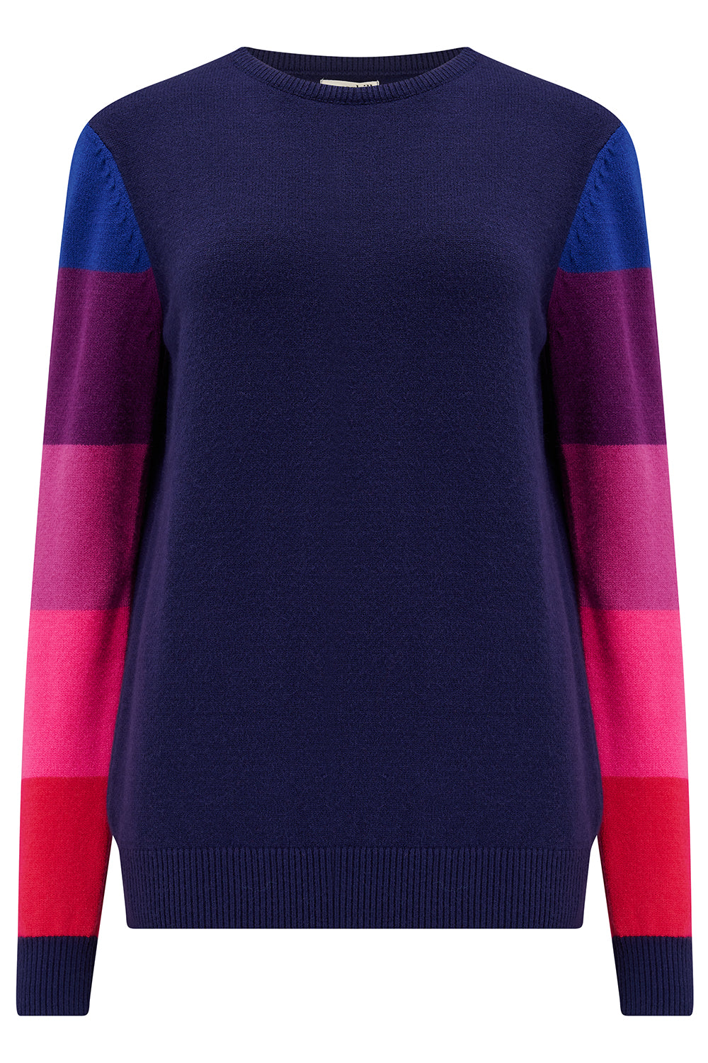 A navy crew neck jumper with colour block sleeves in pink and purple. 