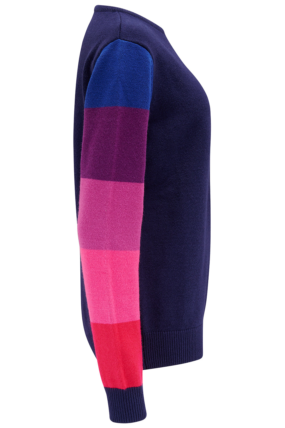A navy crew neck jumper with colour block sleeves in pink and purple. 