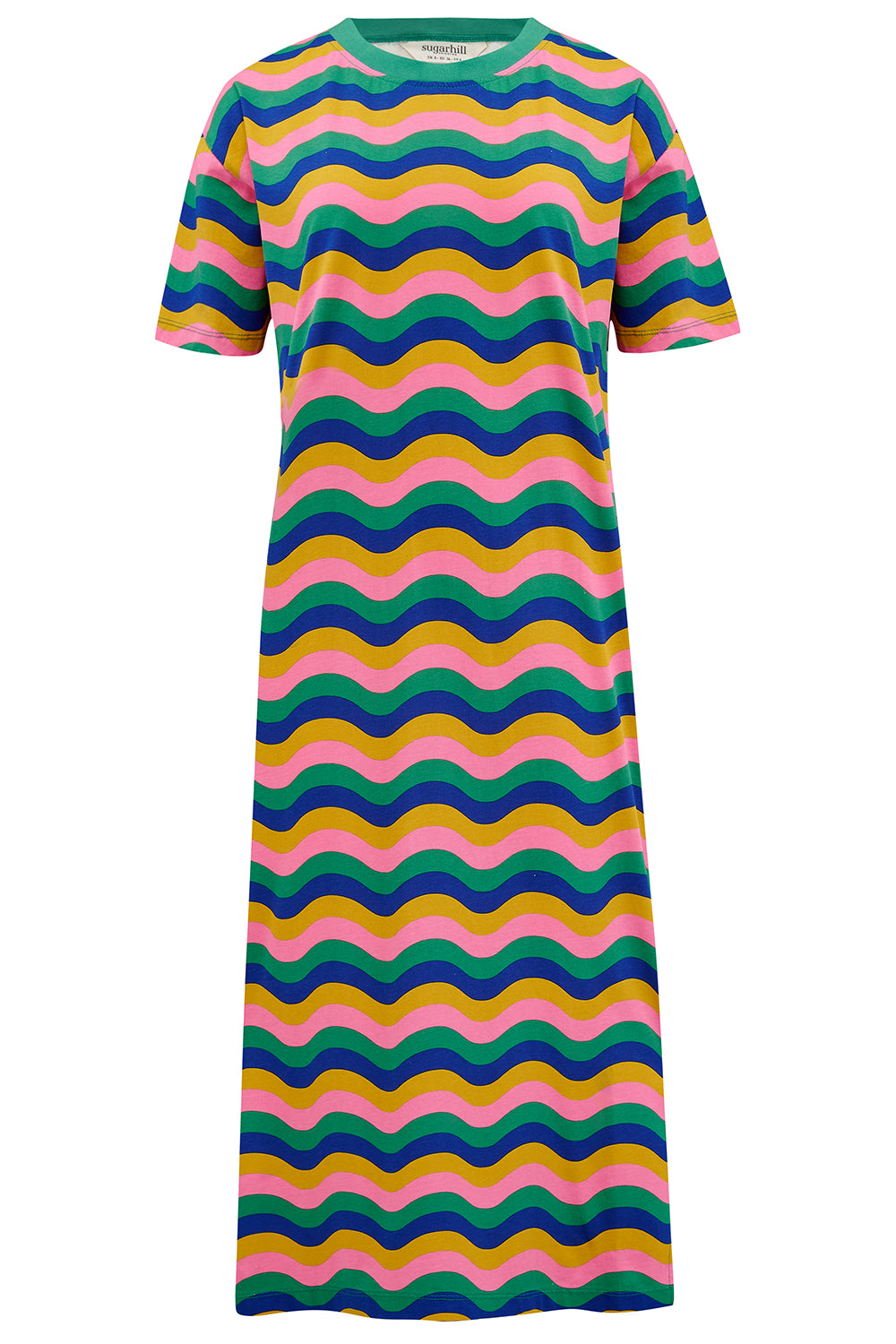 A midi t-shirt dress with a multicolor rainbow waves print. The dress is knee-length, has a ribbed collar, and short sleeves.