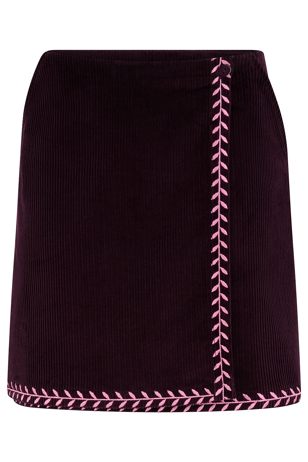 A dark plum corduroy mini skirt with pink contrast stitching along the front opening and hem, shown against a plain white background.