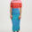 Person wearing a red and white striped top with a blue and yellow striped skirt on a white background
