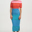 Person wearing a red and white striped top with a blue and yellow striped skirt on a white background