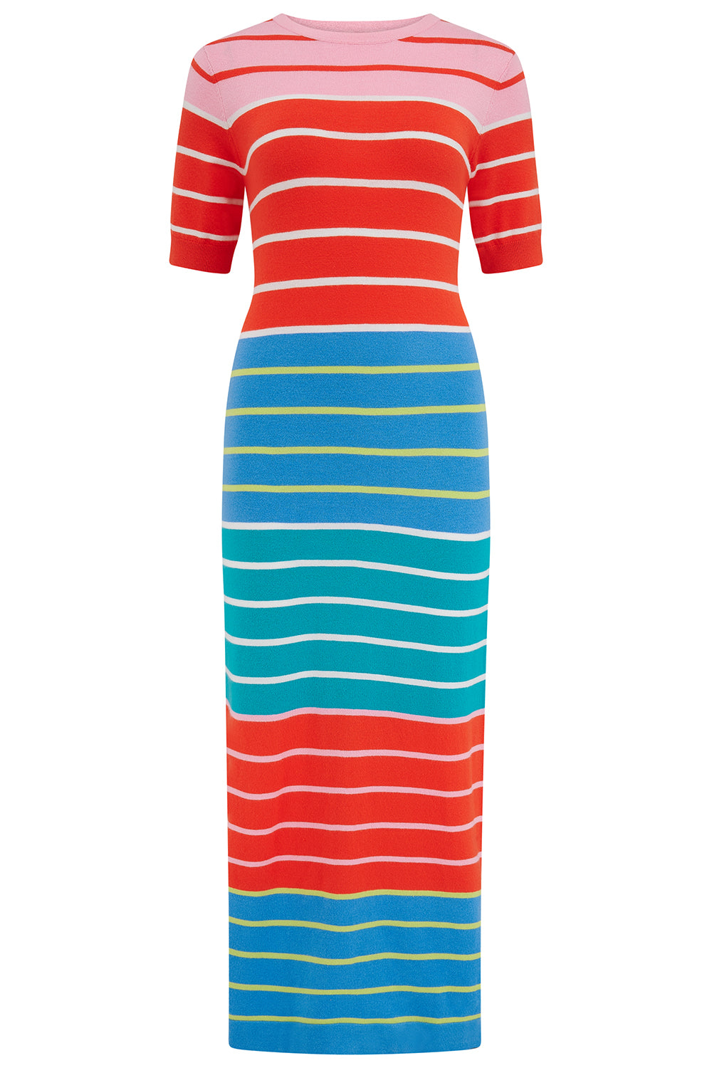 Colorful striped dress with red, blue, and yellow horizontal stripes on a white background